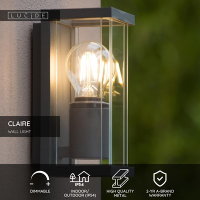 Lucide CLAIRE - Wall light Indoor/Outdoor - 1xE27 - IP54 - Anthracite